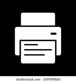 printer and paper. White icon on black background. Inversion