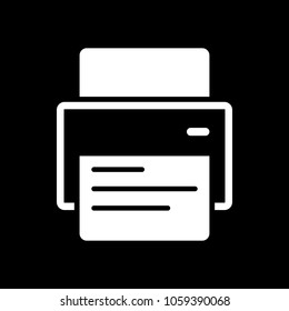 printer and paper. White icon on black background. Inversion