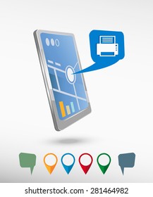 Printer and perspective smartphone vector realistic. Set of bright map pointers for printing, website, presentation element and application mockup.
