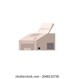 Impresora o fotocopiadora con hojas de papel en soporte, ilustración vectorial de dibujos animados plana aislada en fondo blanco. Equipo de oficina de trabajo para imprimir copias.