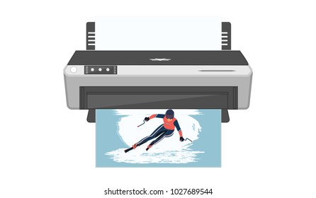 Printer with a photograph of a skier, flat style - isolated on white background - art vector