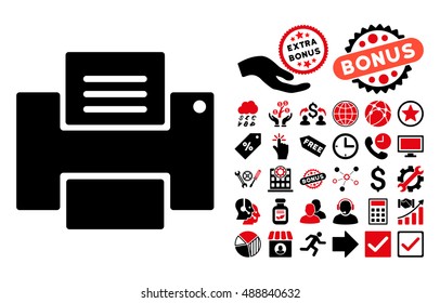 Printer pictograph with bonus elements. Vector illustration style is flat iconic bicolor symbols, intensive red and black colors, white background.