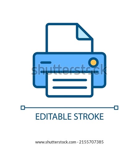 Printer pixel perfect RGB color icon. Office equipment. Device for work purposes. Printing info on paper. Isolated vector illustration. Simple filled line drawing. Editable stroke. Arial font used
