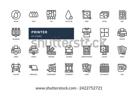 printer plotter and print product electronic office detailed outline line icon set