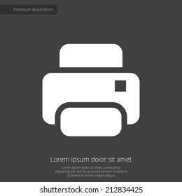 printer premium illustration icon, isolated, white on dark background, with text elements 