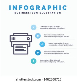 Printer, Print, Printing, Education Blue Infographics Template 5 Steps. Vector Line Icon template