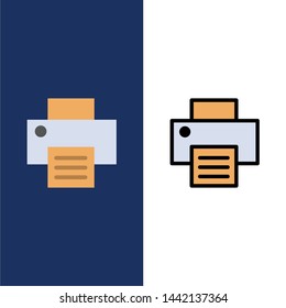 Printer, Print, Printing  Icons. Flat and Line Filled Icon Set Vector Blue Background