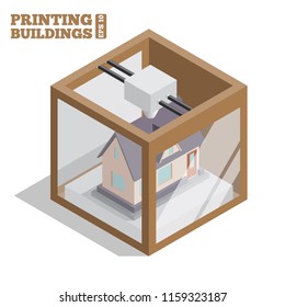 A printer for printing buildings. Isometric. Isolated on white background. Vector illustration.