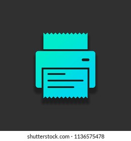 printer, receipt, simple icon. Colorful logo concept with soft shadow on dark background. Icon color of azure ocean
