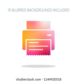 printer, receipt, simple icon. Colorful logo concept with simple shadow on white. 10 different blurred backgrounds included