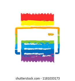 printer, receipt, simple icon. Drawing sign with LGBT style, seven colors of rainbow (red, orange, yellow, green, blue, indigo, violet