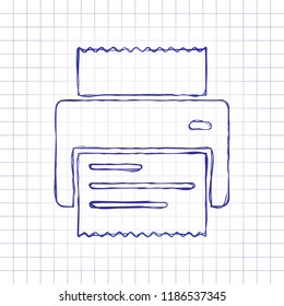 printer, receipt, simple icon. Hand drawn picture on paper sheet. Blue ink, outline sketch style. Doodle on checkered background