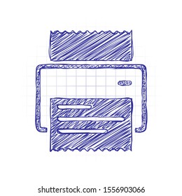 printer, receipt, simple icon. Hand drawn sketched picture with scribble fill. Blue ink. Doodle on white background