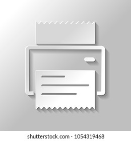 printer, receipt, simple icon. Paper style with shadow on gray background
