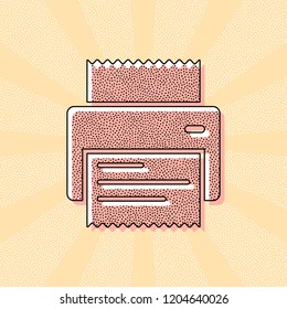 printer, receipt, simple icon. Vintage retro typography with offset printing effect. Dots poster with comics pop art background