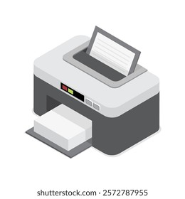 Printer with a sheet of paper emerging from the tray. 3d isometric flat vector illustration.