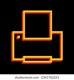 Printer sign. 3D Extruded Yellow Icon with Red Sides a Black background. Illustration.