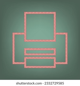 Signo de impresora. Icono de albaricoque con motivos gráficos de parqué rojo ladrillo en un fondo de Ebony. Feldgrau. Verde. Ilustración.