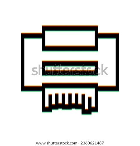 Printer sign. Black Icon with vertical effect of color edge aberration at white background. Illustration.