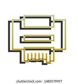 Printer sign. Blue icon with gold contour with dark gray shadow at white background. Illustration.