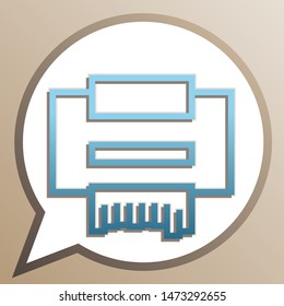 Printer sign. Bright cerulean icon in white speech balloon at pale taupe background. Illustration.