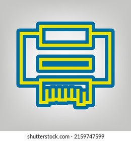 Signo de impresora. Icono en colores de la bandera de Ucrania (amarillo, azul) en fondo gris. Ilustración.