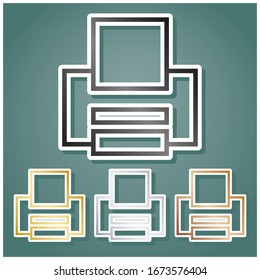 Printer sign. Set of metallic Icons with gray, gold, silver and bronze gradient with white contour and shadow at viridan background. Illustration.