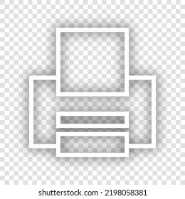 Printer sign. White Icon with dropped natural gray Shadow at transparent Background. Illustration.