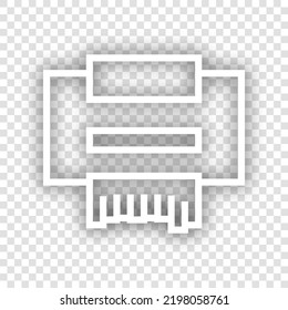 Printer sign. White Icon with dropped natural gray Shadow at transparent Background. Illustration.