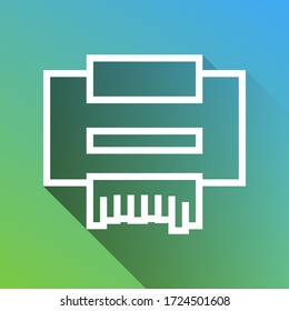 Printer sign. White Icon with gray dropped limitless shadow on green to blue background. Illustration.