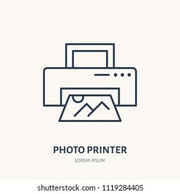 Printer with snapshop flat line icon. Photography equipment sign. Thin linear logo for photo studio.
