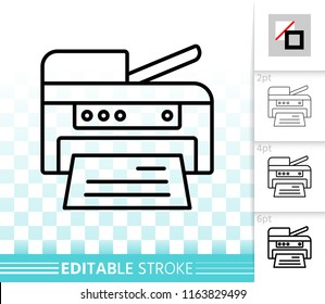 Printer thin line icon. Outline sign of office print. Photocopier linear pictogram with different stroke width. Simple vector symbol, transparent background. Printer editable stroke icon without fill