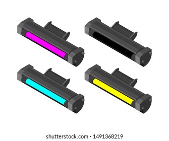 Printer toner cartridge CMYK set. Cyan and Magenta. Yellow and Key color. ink Laser Jet printer