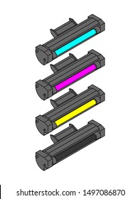 Printer toner cartridge CMYK set. Cyan and Magenta. Yellow and Key color. ink Laser Jet printer