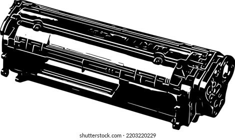 Printer toner refilling logo, cartridges of color laser printer sketch drawing, inkjet printer silhouette