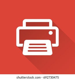Printer vector icon with long shadow. White illustration isolated on red background for graphic and web design.