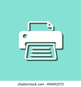 Printer vector icon with shadow. White illustration isolated on green background for graphic and web design.