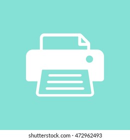 Printer vector icon. White illustration isolated on green background for graphic and web design.