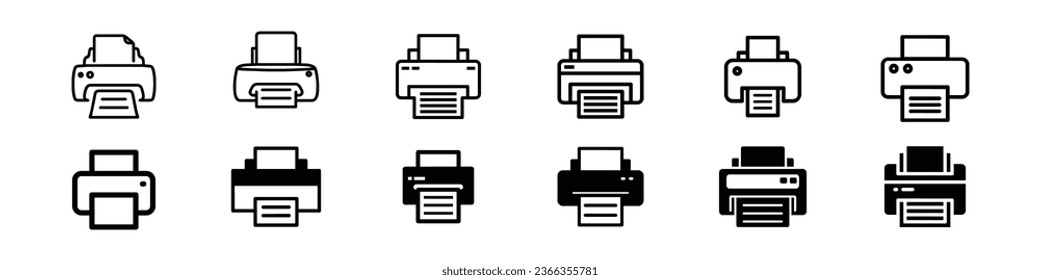 Vektorsymbole des Druckers eingestellt. Druckersymbol auf weißem Hintergrund. Druckersymbol, App-Web-Zeichen, Symbole eines Papierdruckers mit Umrissstilen, Symbolsatz drucken. Fotokopiermaschine Symbol Vektor.