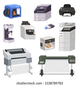 Printer Vector Print Machine Technology Office Equipment Printing On Paper Illustration Isometric. Set Of Digital Laser Work Design Copier Scanner Modern Device Isolated On White Background.