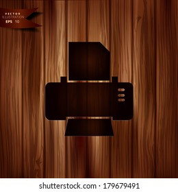 Printer web icon. Wooden background.