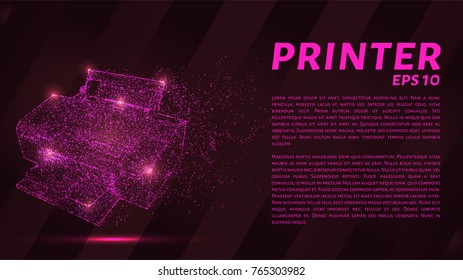Printer which consists of points. Particles in the form of a printer on a dark background. Vector illustration. Graphic concept printing on the printer