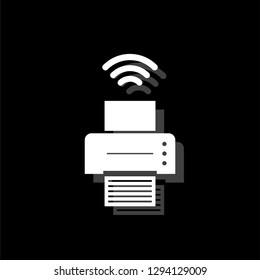 Printer with wi-fi connection. White flat simple icon with shadow