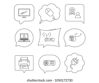 Printer, wi-fi router and projector icons. Monitor, video chat and webinar linear signs. Electric plug, pc mouse and music player icons. Linear Speech bubbles with icons set. Comic chat balloon