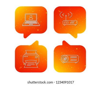 Printer, wi-fi router and projector icons. Webinar linear sign. Orange Speech bubbles with icons set. Soft color gradient chat symbols. Vector