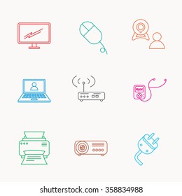 Printer, wi-fi router and projector icons. Monitor, video chat and webinar linear signs. Electric plug, pc mouse and music player icons. Linear colored icons.