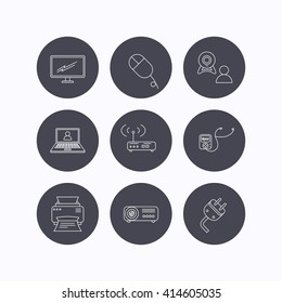 Printer, wi-fi router and projector icons. Monitor, video chat and webinar linear signs. Electric plug, pc mouse and music player icons. Flat icons in circle buttons on white background. Vector