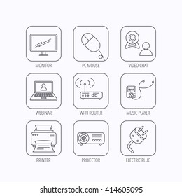 Printer, wi-fi router and projector icons. Monitor, video chat and webinar linear signs. Electric plug, pc mouse and music player icons. Flat linear icons in squares on white background. Vector