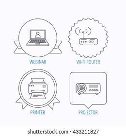 Printer, wi-fi router and projector icons. Webinar linear sign. Award medal, star label and speech bubble designs. Vector
