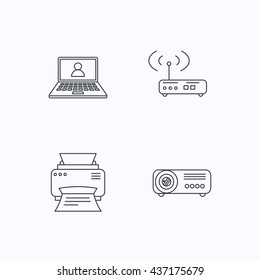 Printer, wi-fi router and projector icons. Webinar linear sign. Flat linear icons on white background. Vector